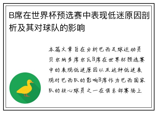 B席在世界杯预选赛中表现低迷原因剖析及其对球队的影响
