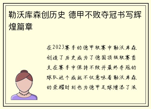 勒沃库森创历史 德甲不败夺冠书写辉煌篇章
